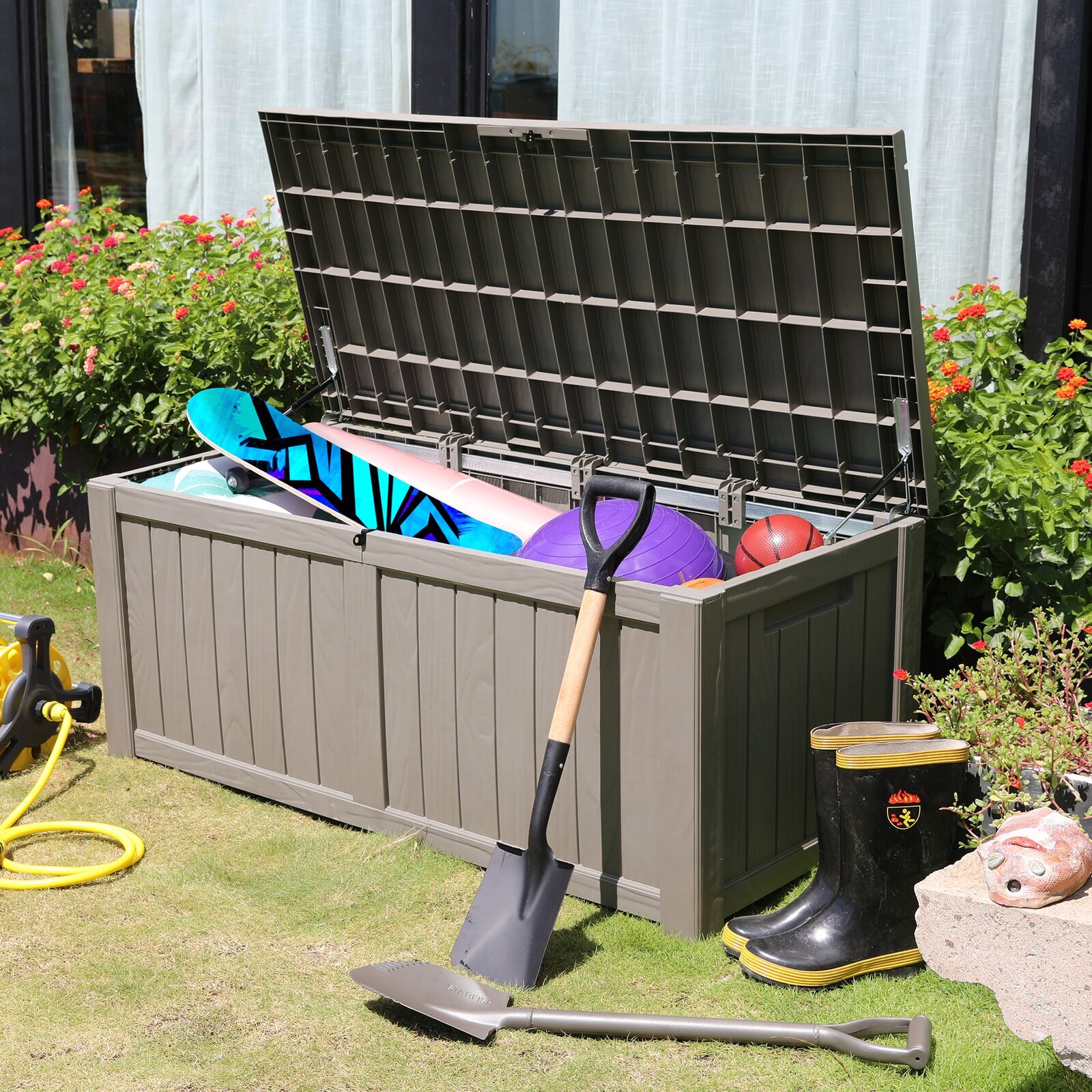 Garden Storage Box Beige Black Plastic 112 x 50 cm with Handles