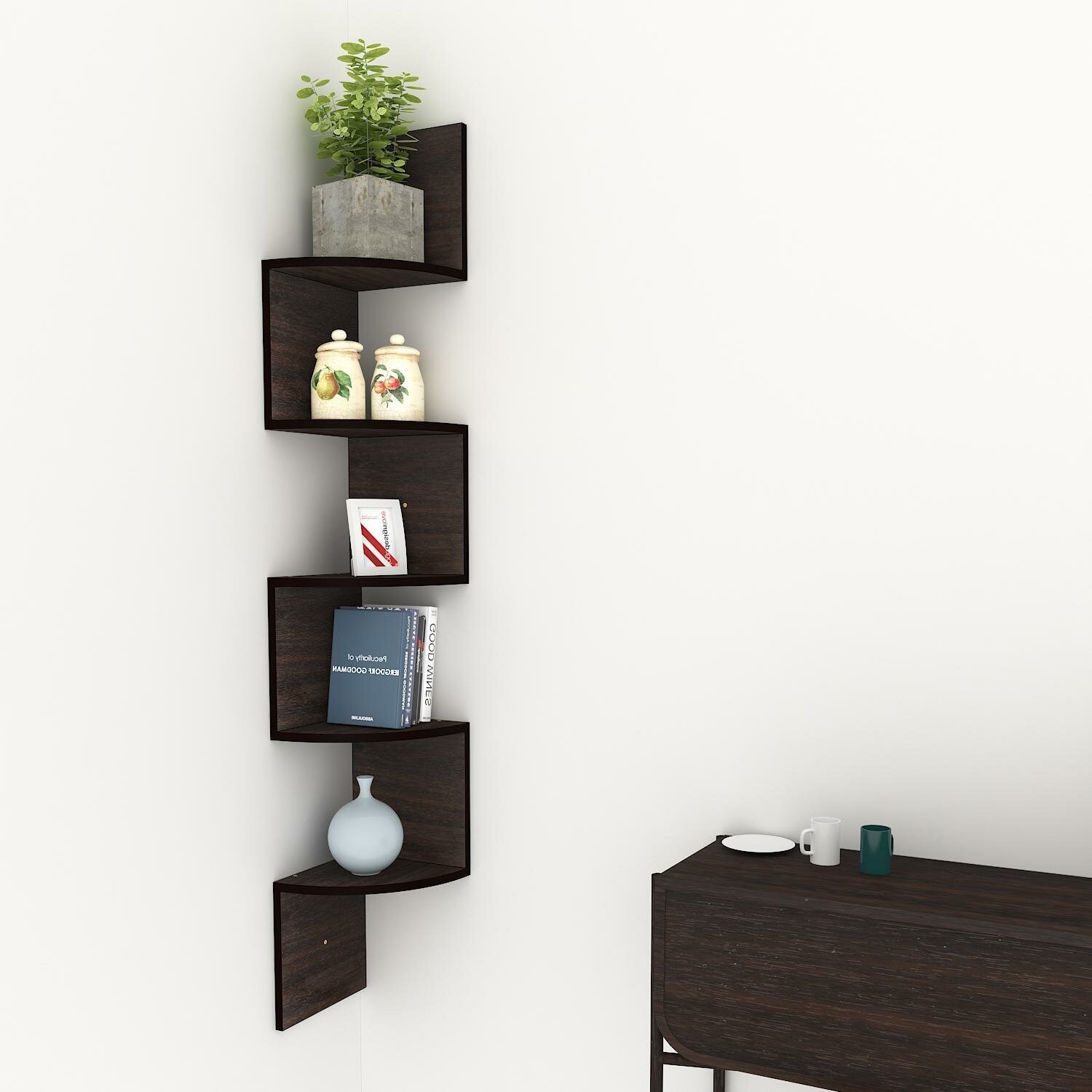 Zigzag corner shelf for bedroom 