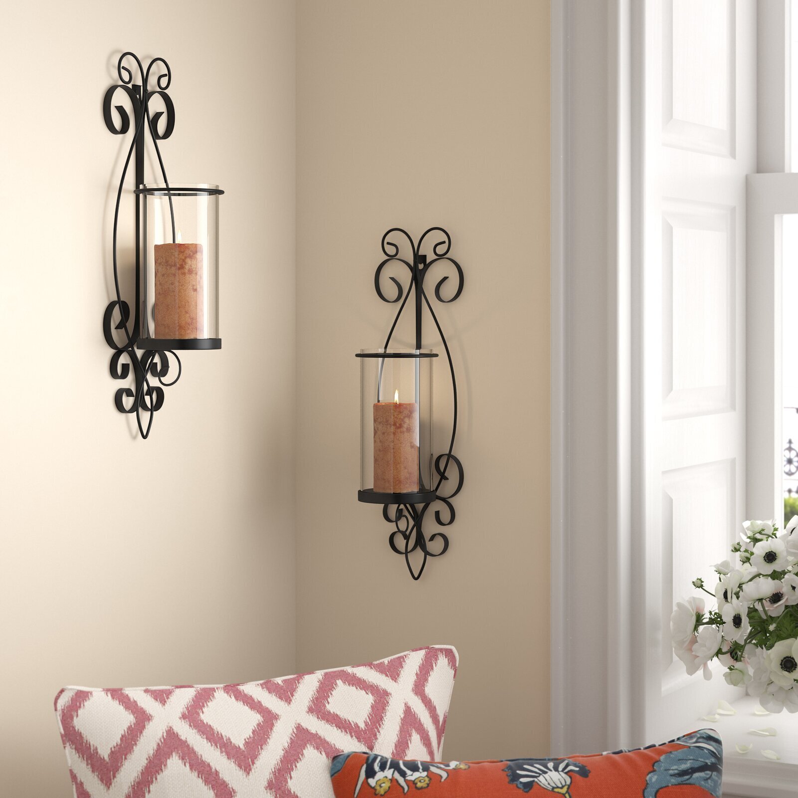 2 Piece Black Iron Sconce With Glass Cylinder 