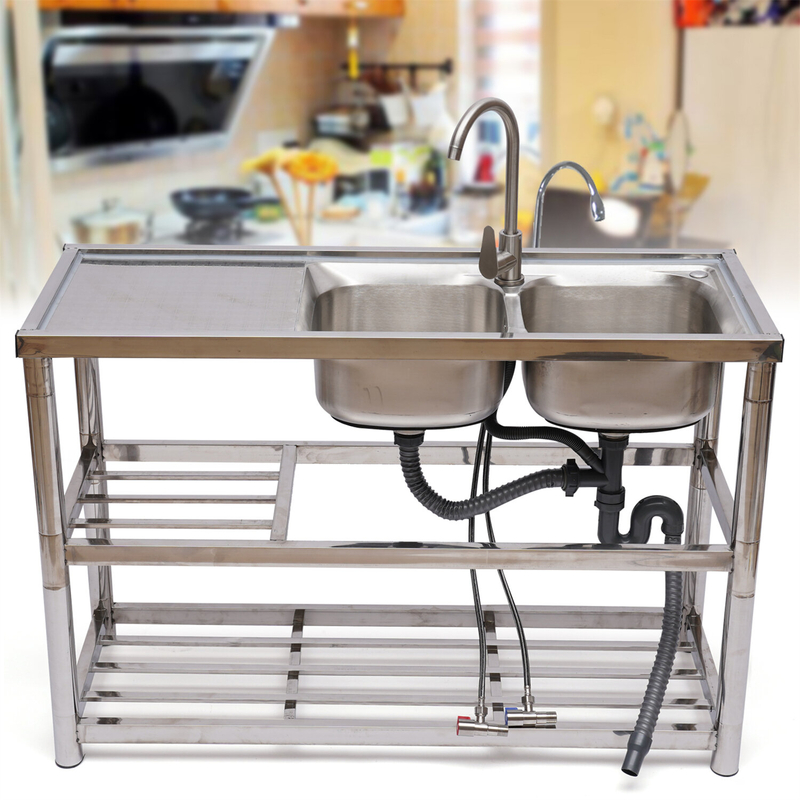 47.24" Double Bowl Stainless Steel Sink Integrated Design Commercial Freestanding Sink With Faucet And Storage Rack
