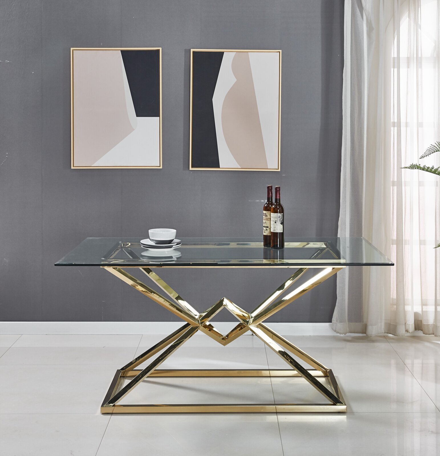 Abstract styled Glass Top Metal Base Dining Table