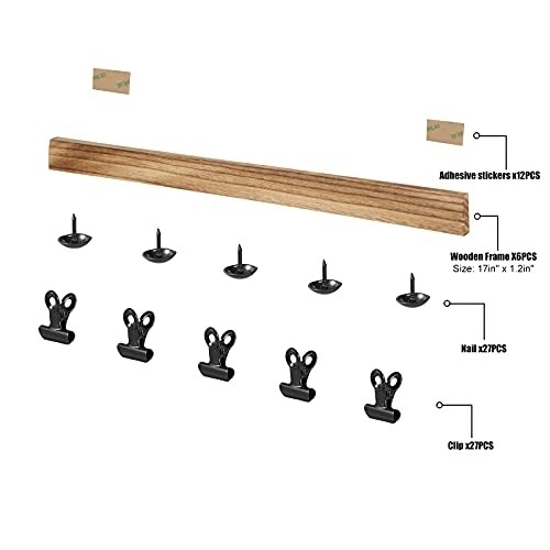 Aiyome 6 Wooden Wall Hanging Photo Frames With 27 Clips, Decorative Collage Picture Frame, No Drilling Required, Adhesive Stickers, Easy to Install, Carbonized Brown
