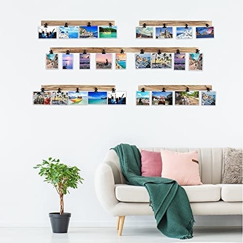 Aiyome 6 Wooden Wall Hanging Photo Frames With 27 Clips, Decorative Collage Picture Frame, No Drilling Required, Adhesive Stickers, Easy to Install, Carbonized Brown