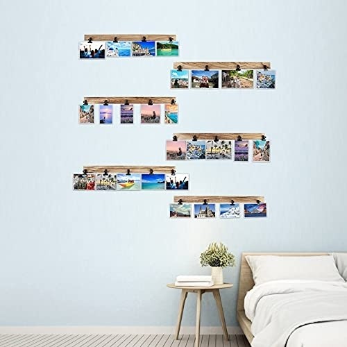 Aiyome 6 Wooden Wall Hanging Photo Frames With 27 Clips, Decorative Collage Picture Frame, No Drilling Required, Adhesive Stickers, Easy to Install, Carbonized Brown