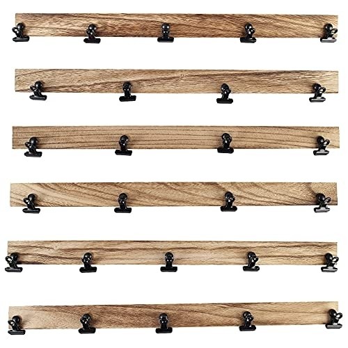 Aiyome 6 Wooden Wall Hanging Photo Frames With 27 Clips, Decorative Collage Picture Frame, No Drilling Required, Adhesive Stickers, Easy to Install, Carbonized Brown