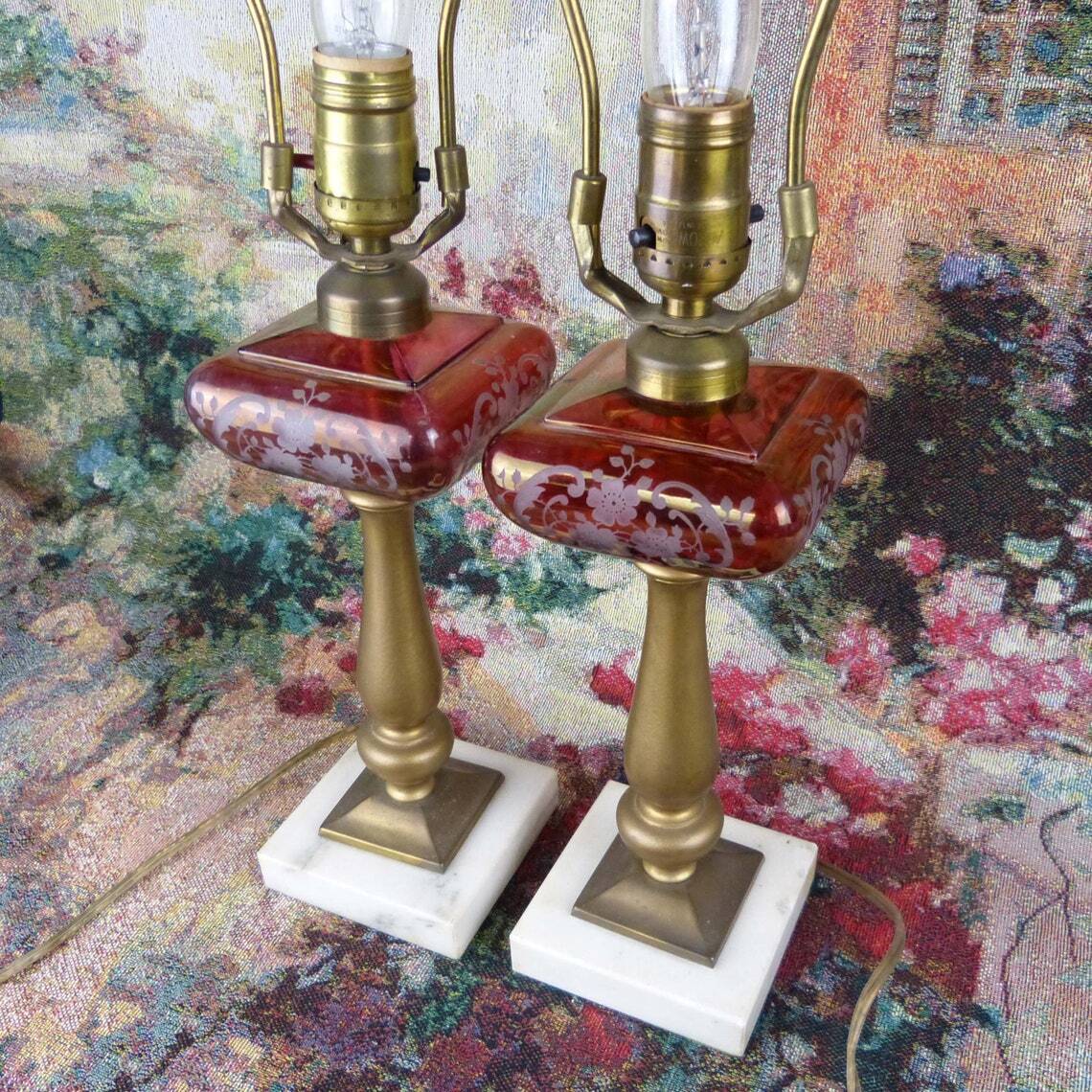 Antique Cranberry Glass Lamps on Marble Bases