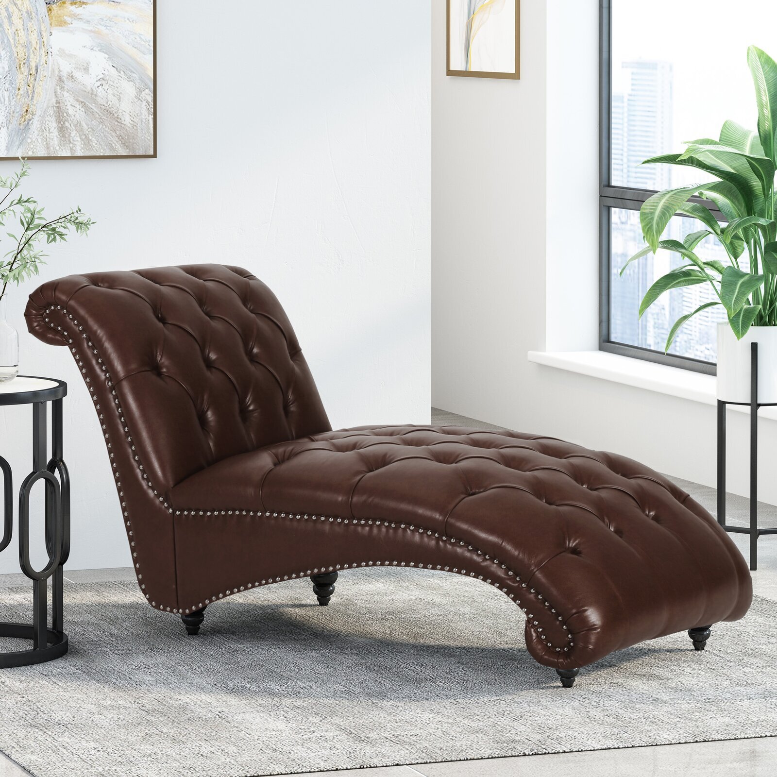 Antique style genuine leather chaise lounge