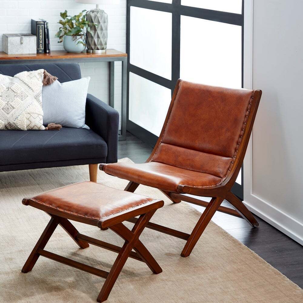 Armless Tight Leather Western Chair and Ottoman