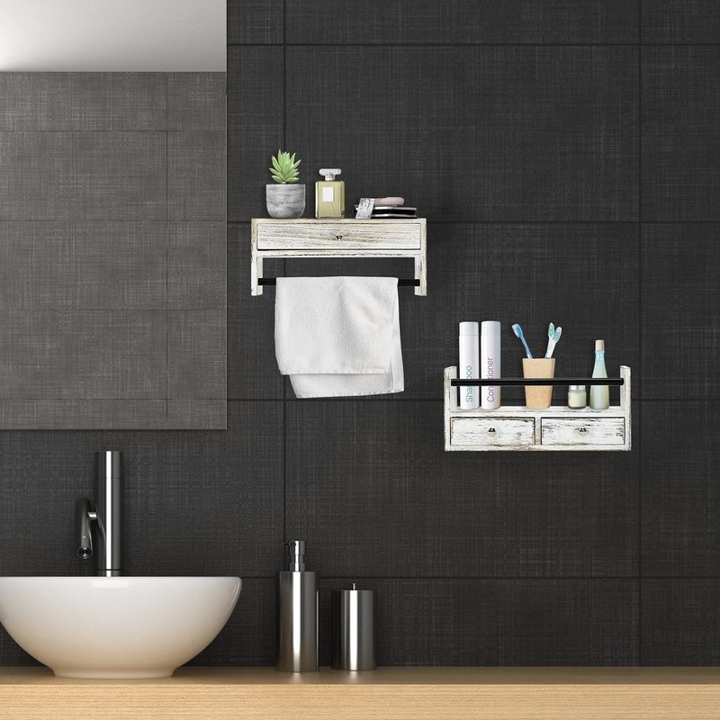 Bathroom Shelf With Drawers Set Of 2, Floating Nightstands For Bedroom, Wall Shelf With Drawer And Towel Rack Wall Mounted, Floating Drawer For Bathroom, Bedroom, Living Room, Kitchen