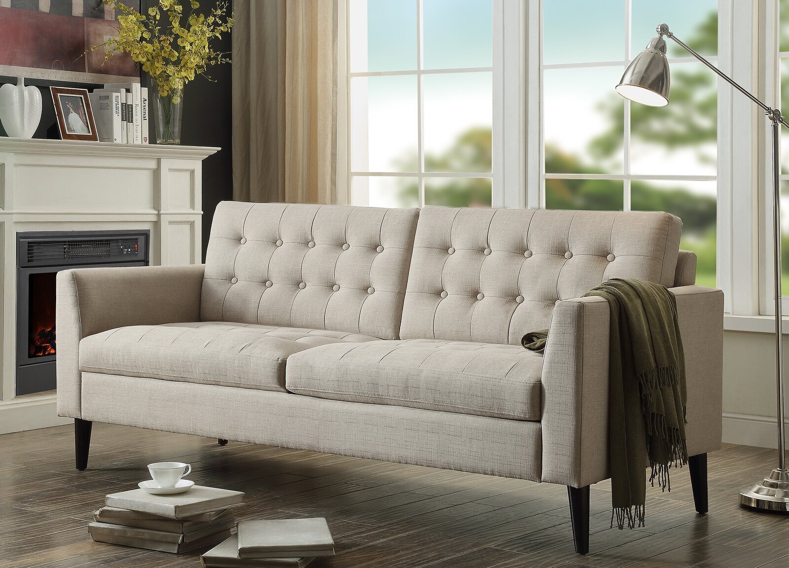 Beige Linen Sofa With Solid Wood Legs 
