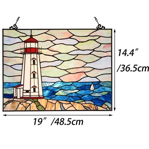 BIEYE W10066 Peggy's Point Lighthouse Tiffany Style Stained Glass Window Hangings Panel, 19" W x 14.4" H
