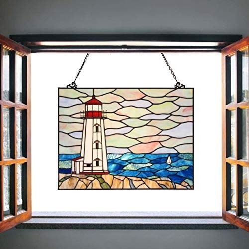 BIEYE W10066 Peggy's Point Lighthouse Tiffany Style Stained Glass Window Hangings Panel, 19" W x 14.4" H