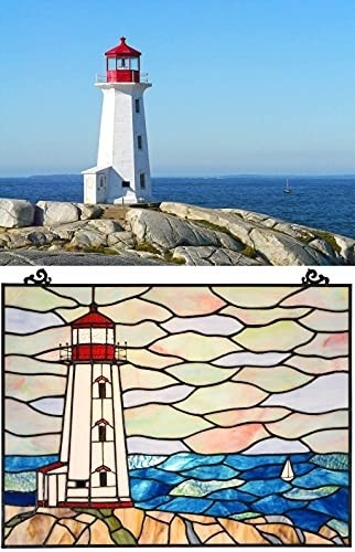 BIEYE W10066 Peggy's Point Lighthouse Tiffany Style Stained Glass Window Hangings Panel, 19" W x 14.4" H