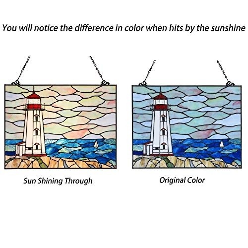 BIEYE W10066 Peggy's Point Lighthouse Tiffany Style Stained Glass Window Hangings Panel, 19" W x 14.4" H