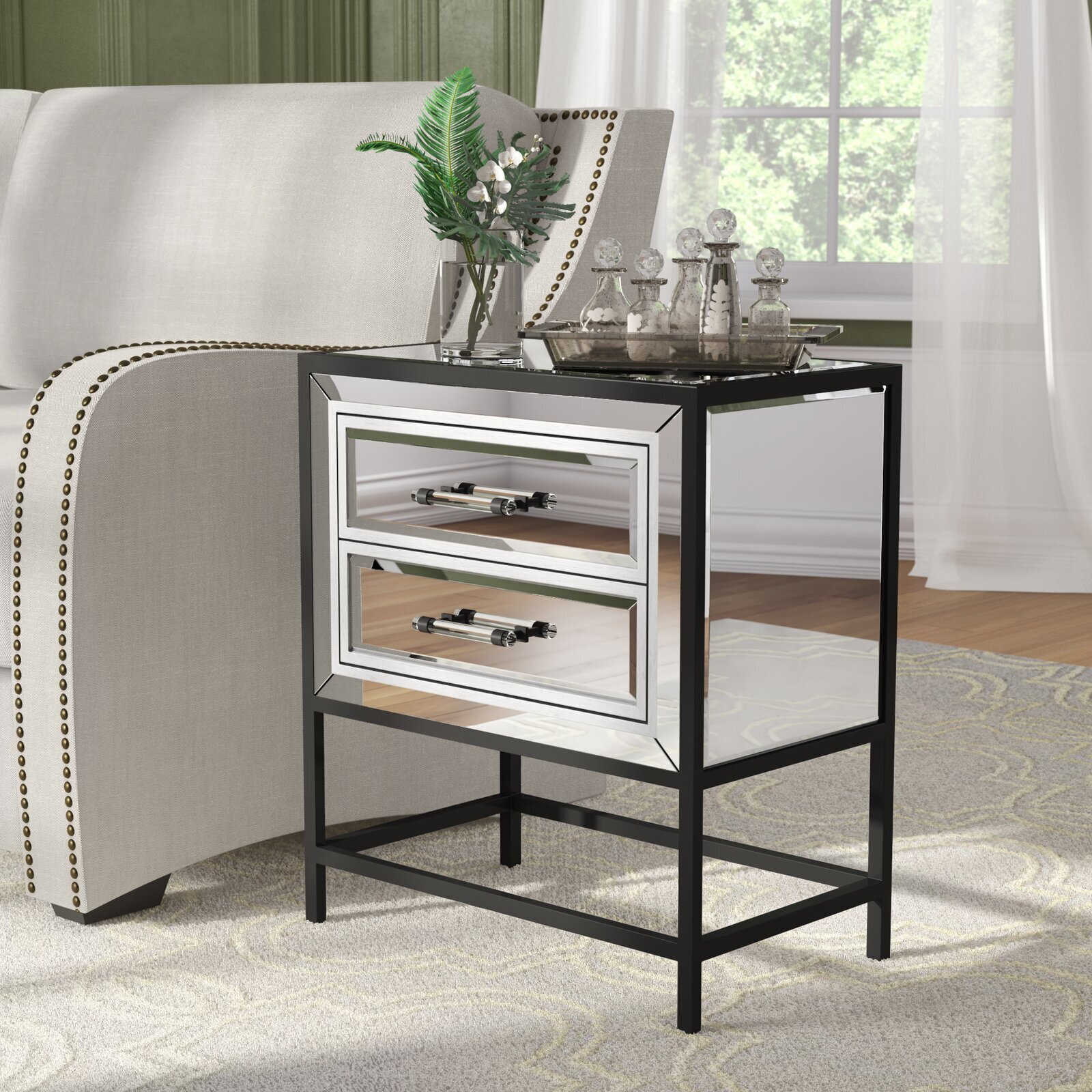 Black Framed Mirrored Table with Drawers
