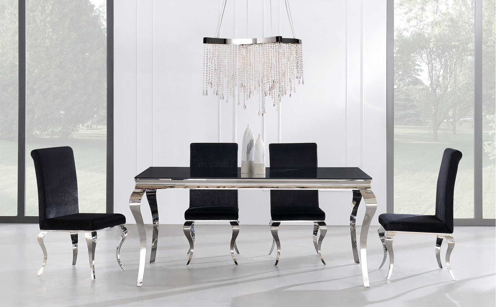 Black Glass Top Dining Table with Metal Base 