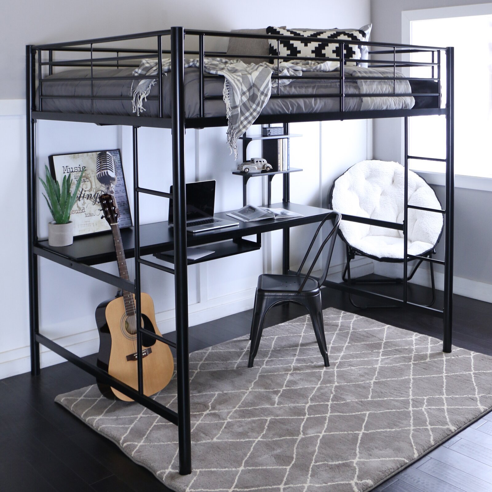 Black Modern Upper Bunk Bed with Study Table