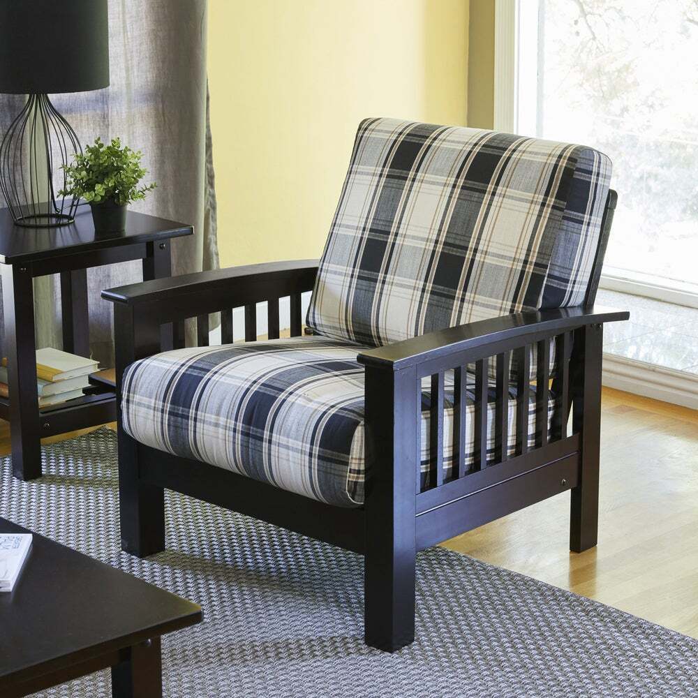 Black Plaid Mission Style Armchair with Exposed Wood Frame