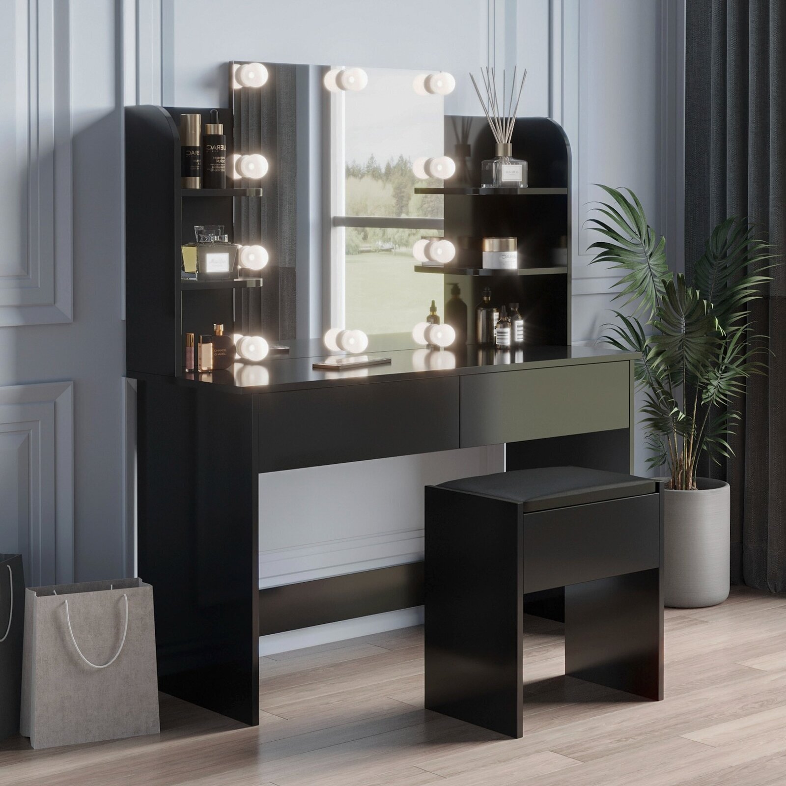 Black Vanity Table With Inward Facing Shelves