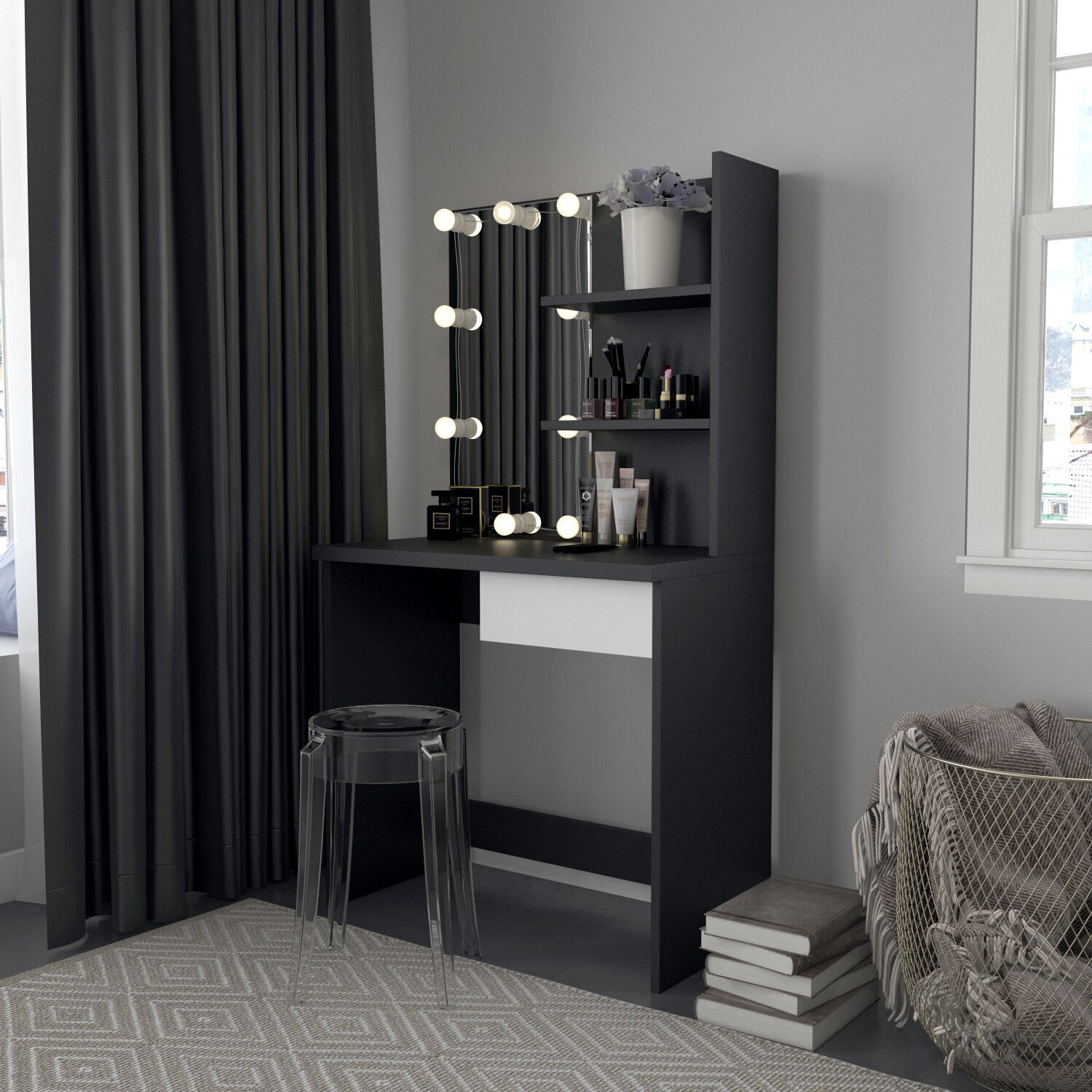 Black Vanity With Lighted Mirror and Shelves