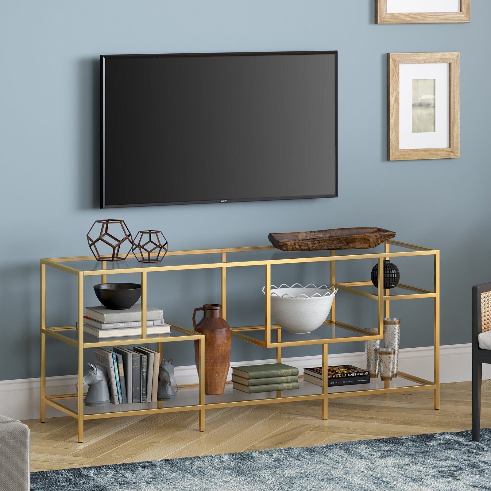 Brass Unique TV Stand With Open Glass Shelving 