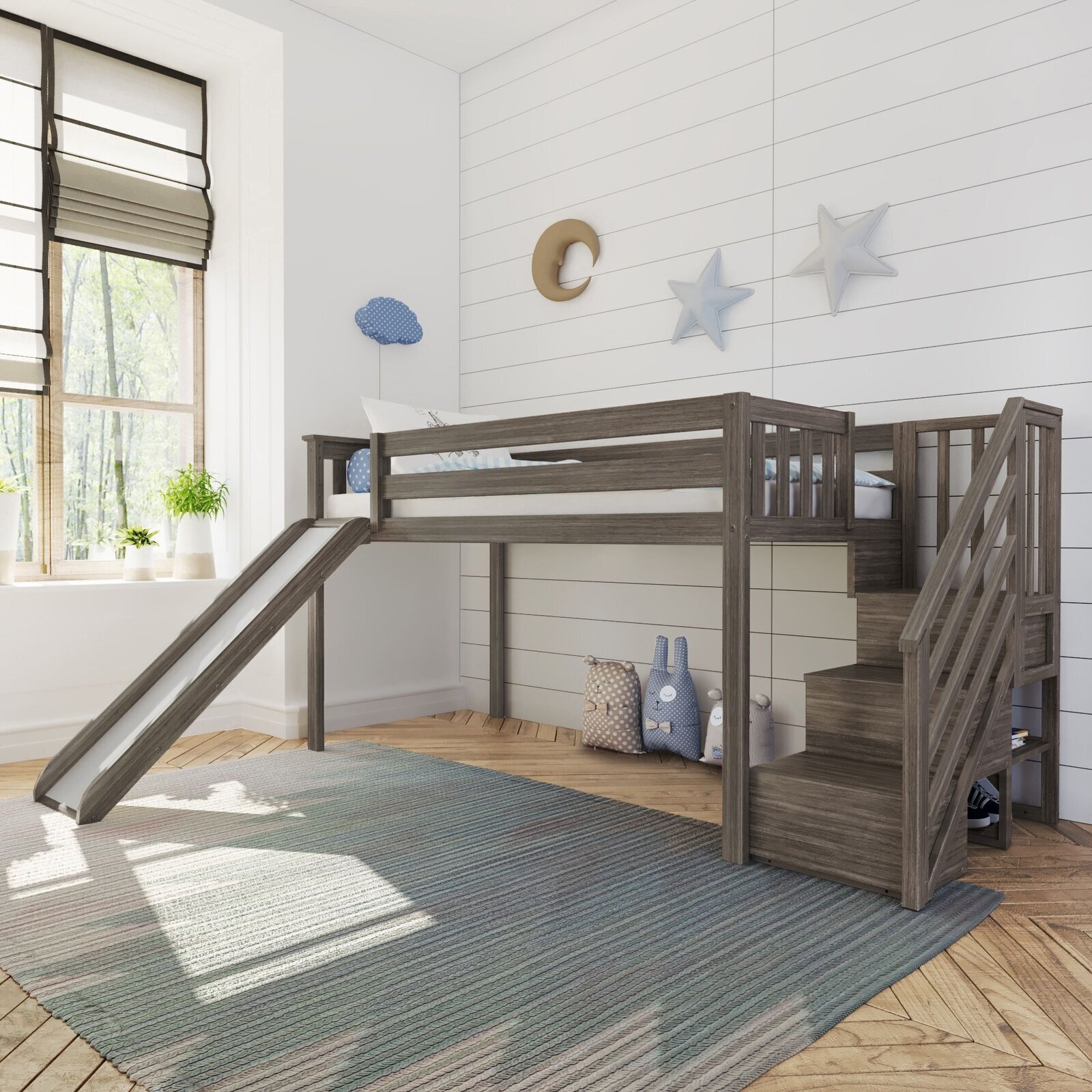 Brown Short Loft Bed With Staircase And Slide 