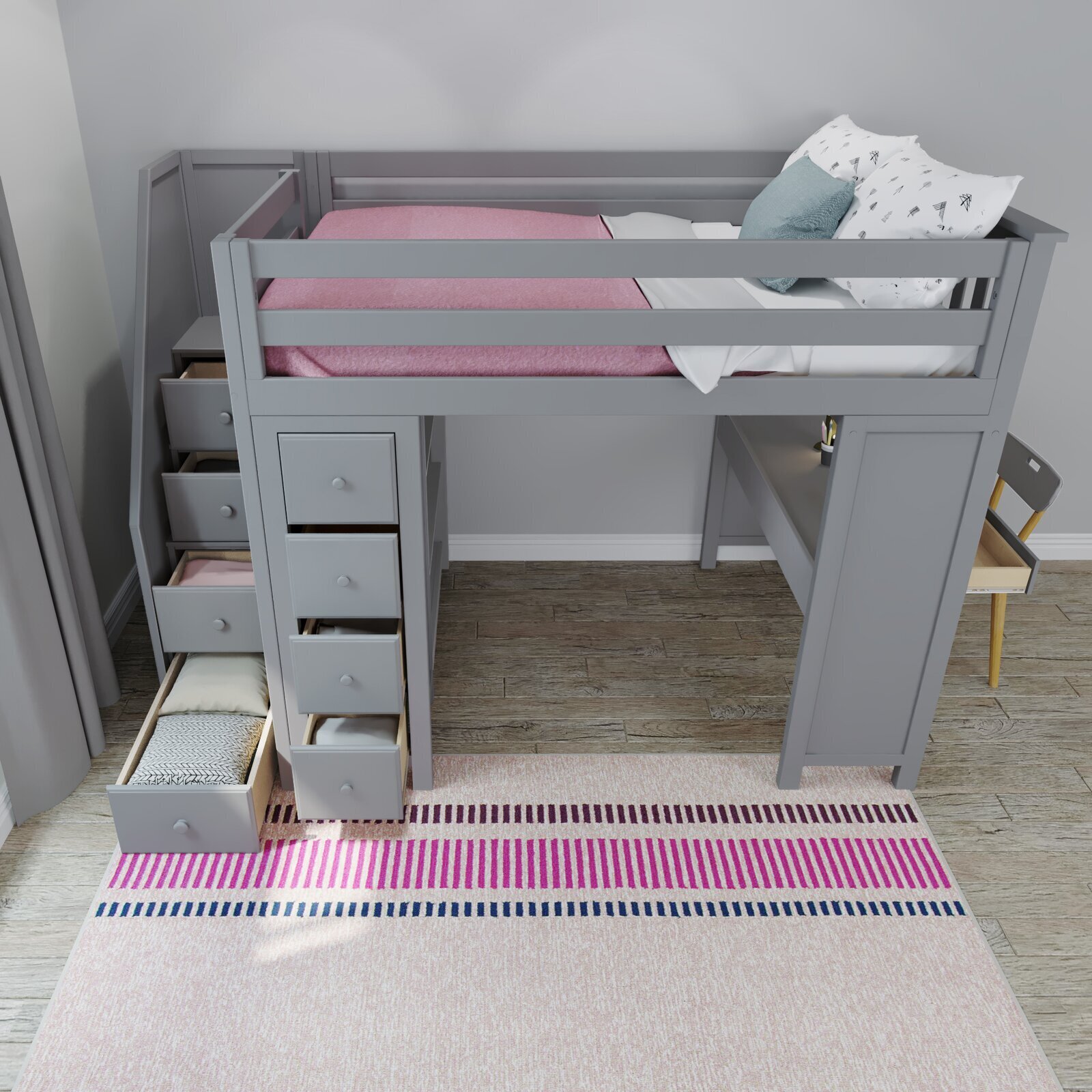 Bunk Bed with Desk and Staircase