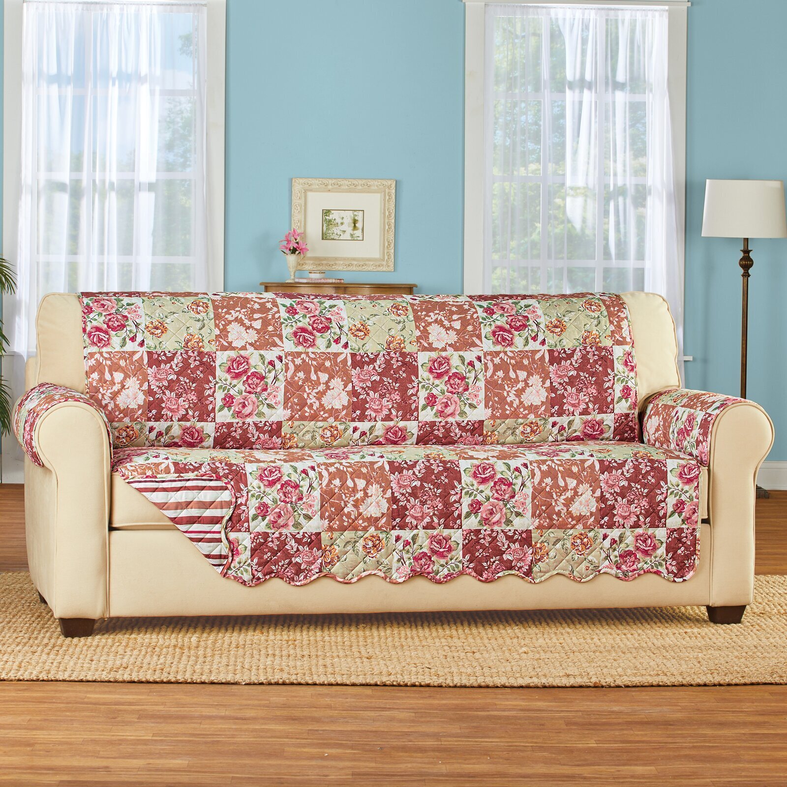 Burgundy and Pink Floral Print Country Couch Covers 