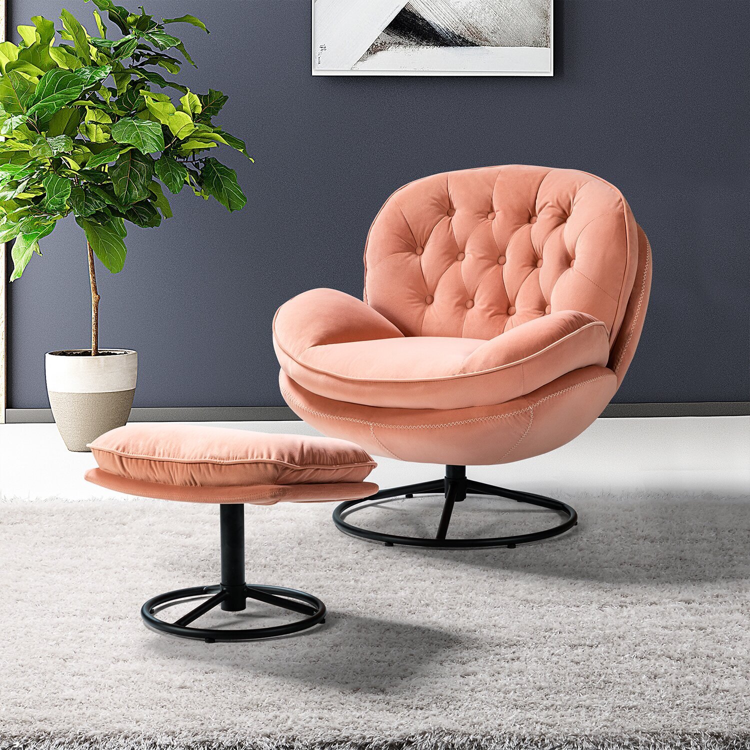 Button Tufted Swivel Chair With Ottoman 
