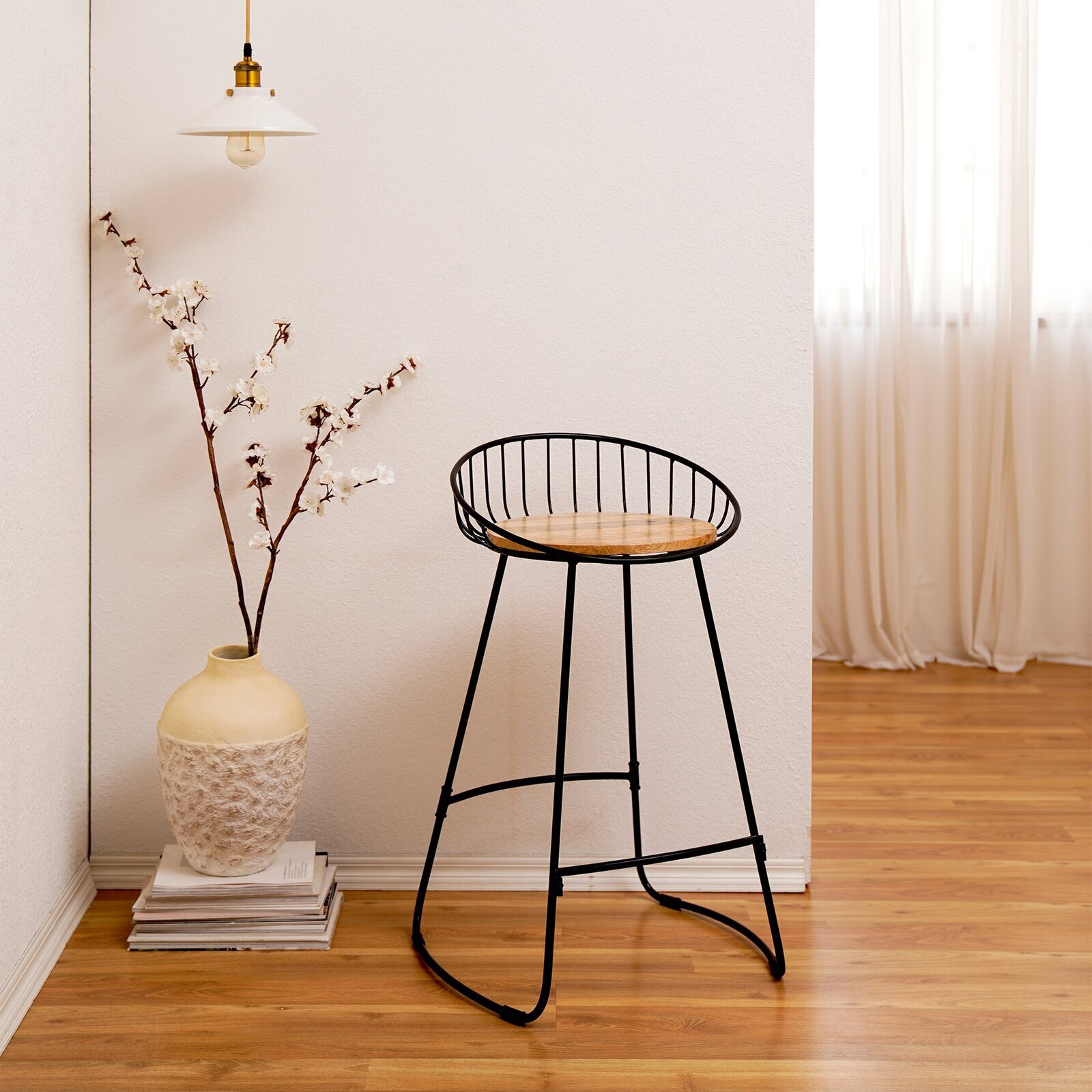 Cage Style Low Back Wooden Bar Stool