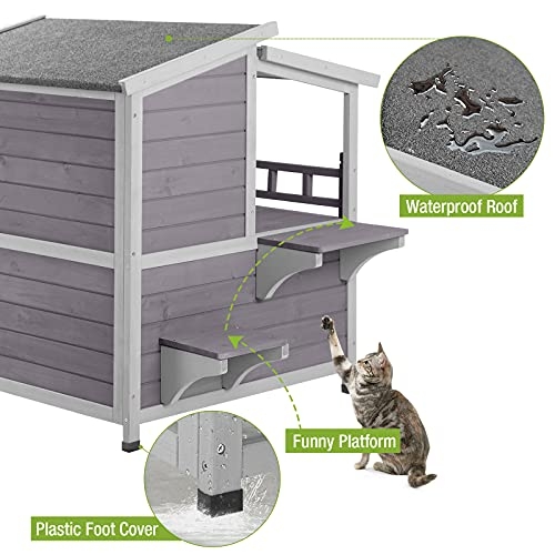 Cat House with Escape Door for Outdoor Feral Cats Enclosure with Large Balcony, Wooden Kitty Shelter,Waterproof