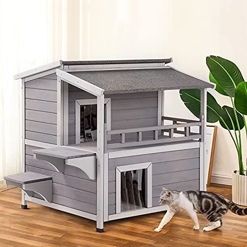 Cat House with Escape Door for Outdoor Feral Cats Enclosure with Large Balcony, Wooden Kitty Shelter,Waterproof