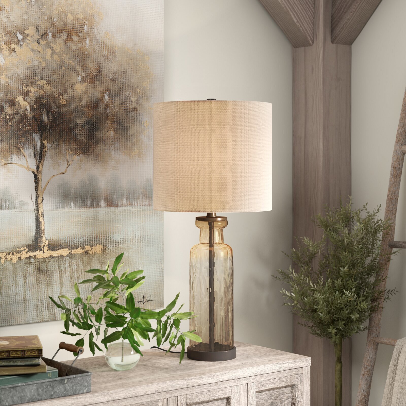 Champagne Color Glass Lamp With Fabric Shade 