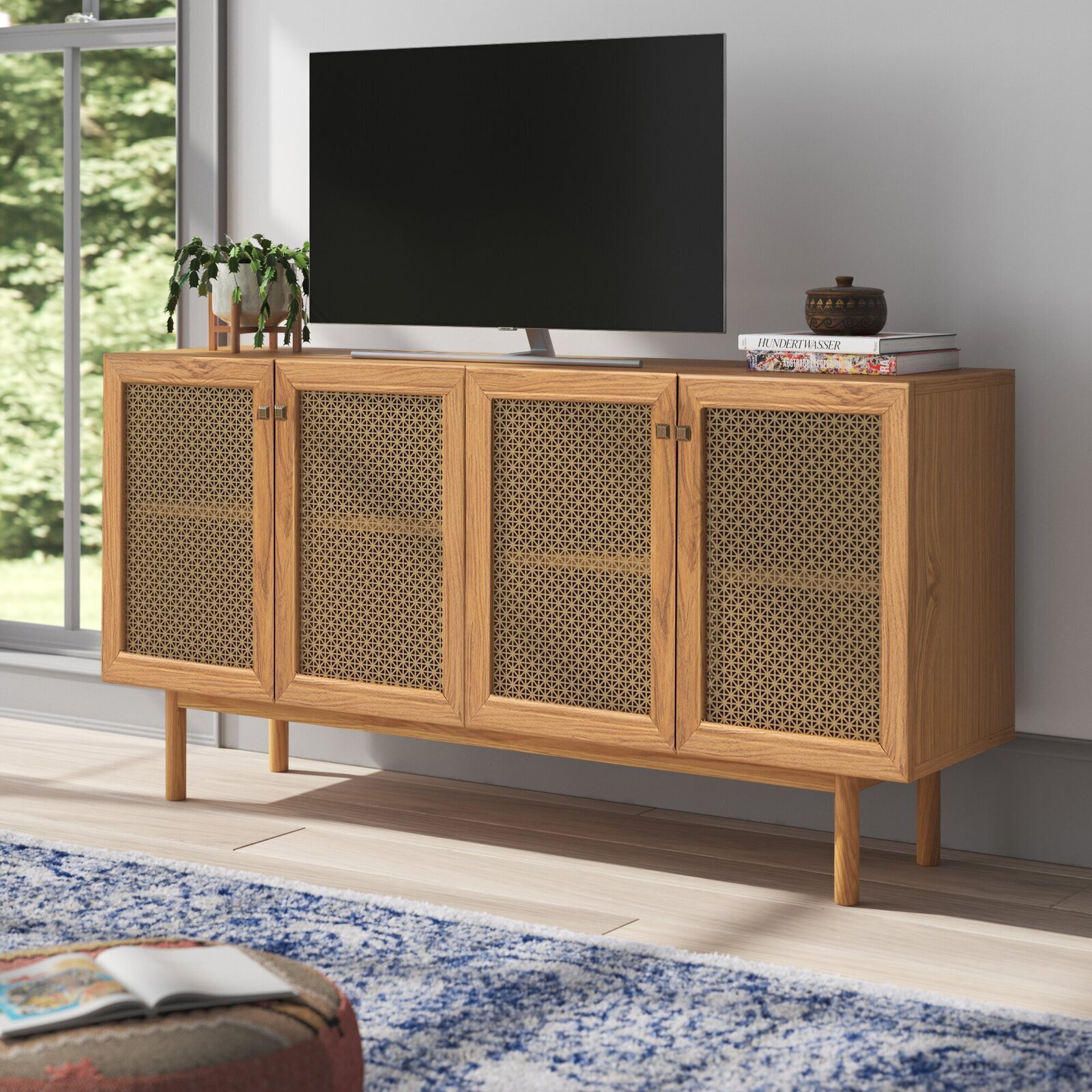Chestnut Brown TV Stand With Lattice Mesh