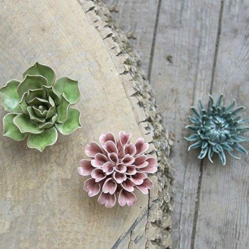 Chive - Set of 3 Ceramic Decorative Flowers, Key Holed in The Back so They can go on a Wall, Table Top and Wall Hanging, Unique Wall Art Installation,