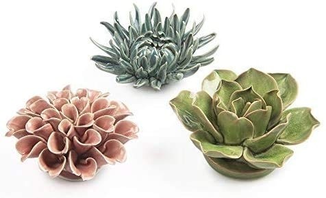 Chive - Set of 3 Ceramic Decorative Flowers, Key Holed in The Back so They can go on a Wall, Table Top and Wall Hanging, Unique Wall Art Installation,