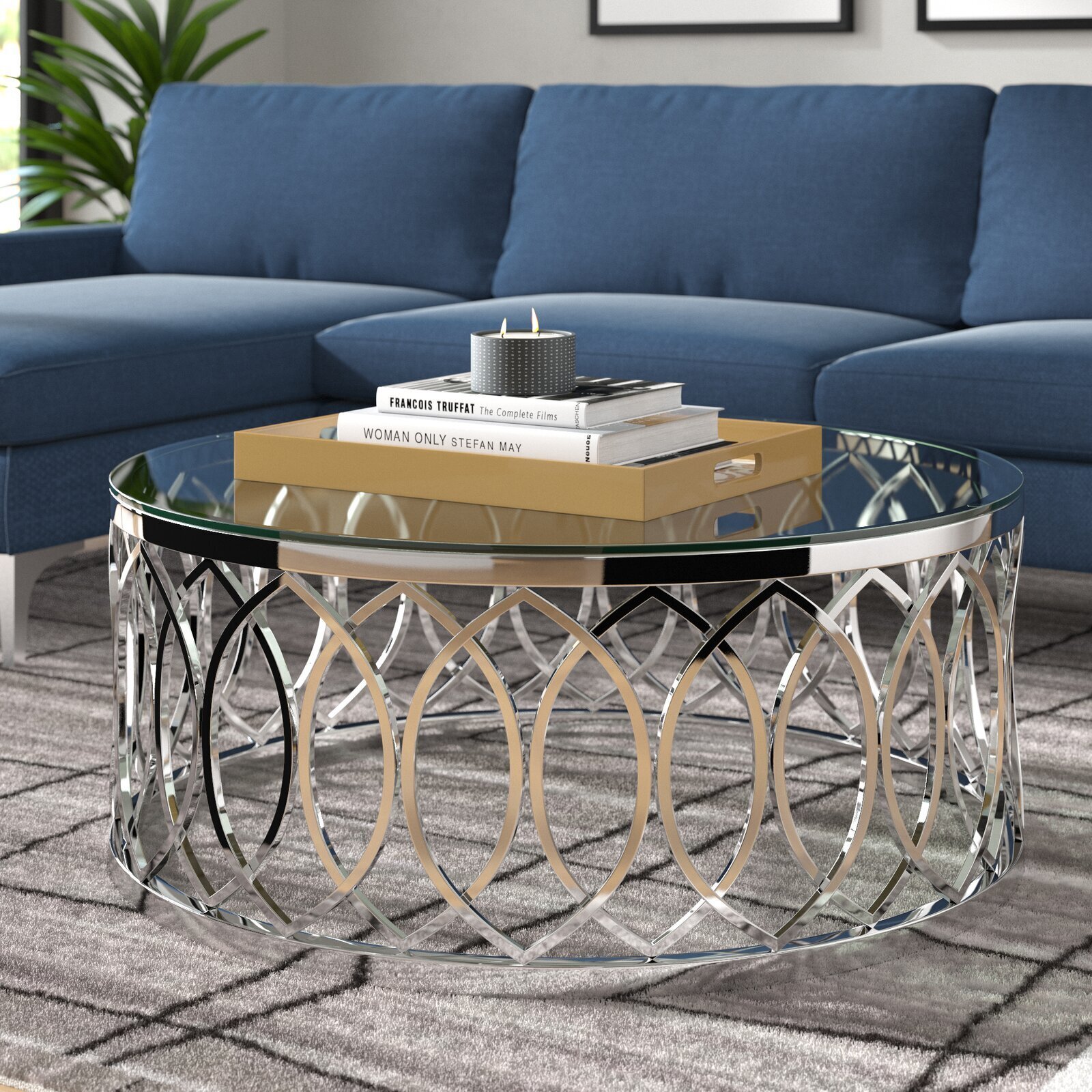 Chrome Glass Round Coffee Table With Detailed Base