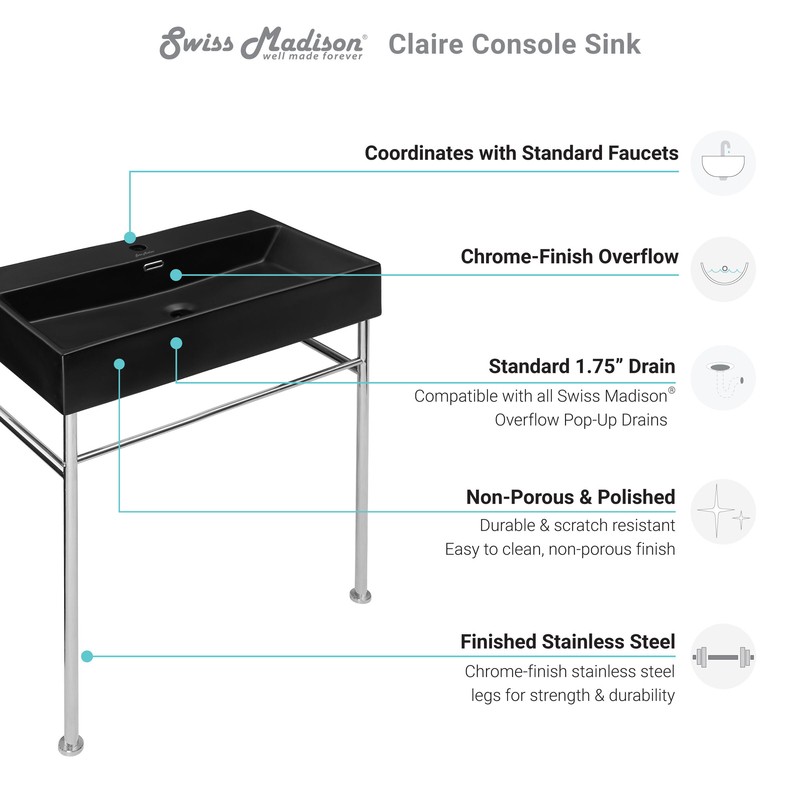 Claire 30" Tall Ceramic Rectangular Console Bathroom Sink with Overflow