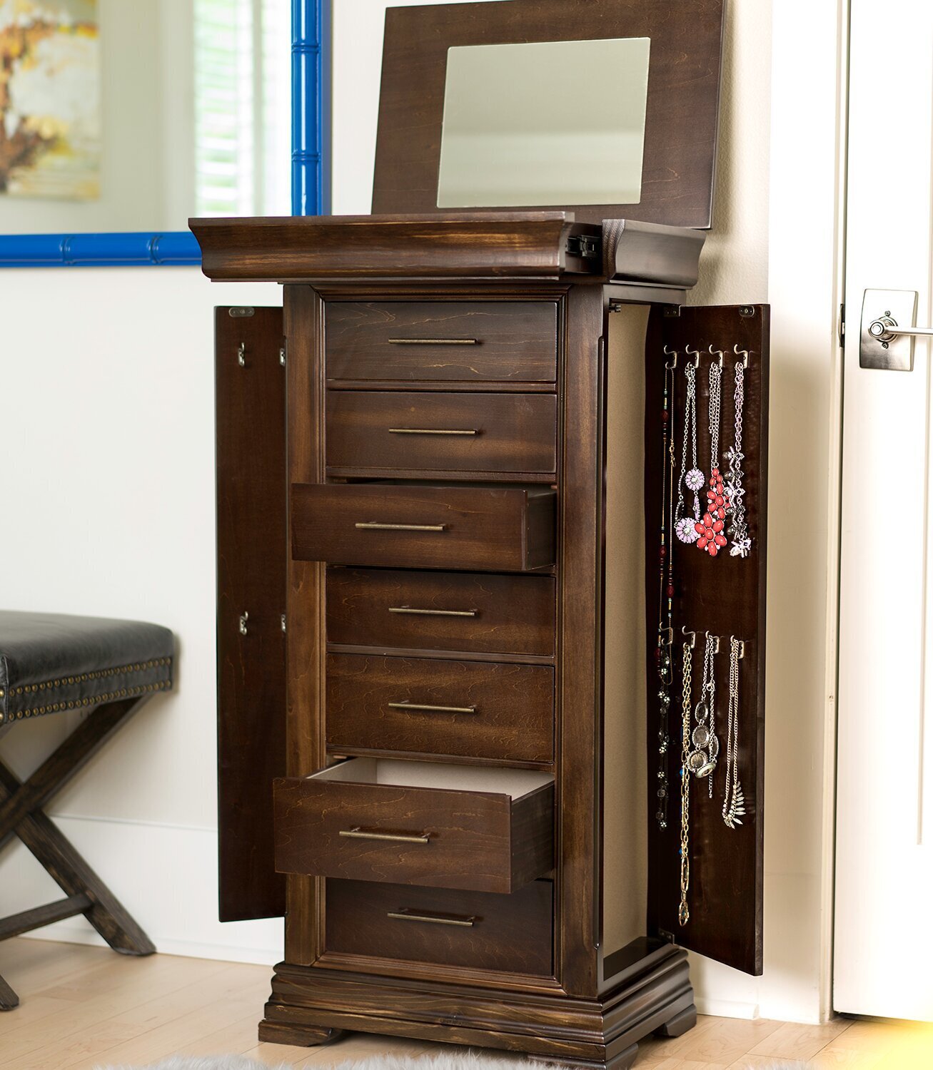 Classic Solid Wood Jewelry Armoire with Mirror 
