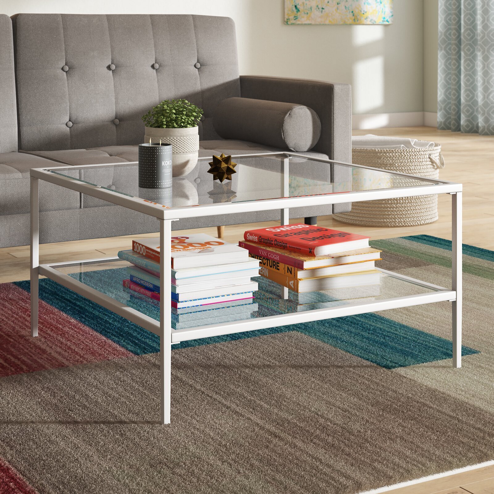 Contemporary Large Square Coffee Table With Glass Top