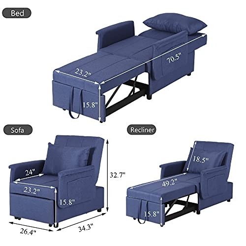 Convertible Chair Bed 3-in-1, Sleeper Chair Bed - Pull Out Sleeper Chair Bed Modern Sofa Bed Adjustable Backrest Sleeper Couch Bed for Living Room/Small Apartment