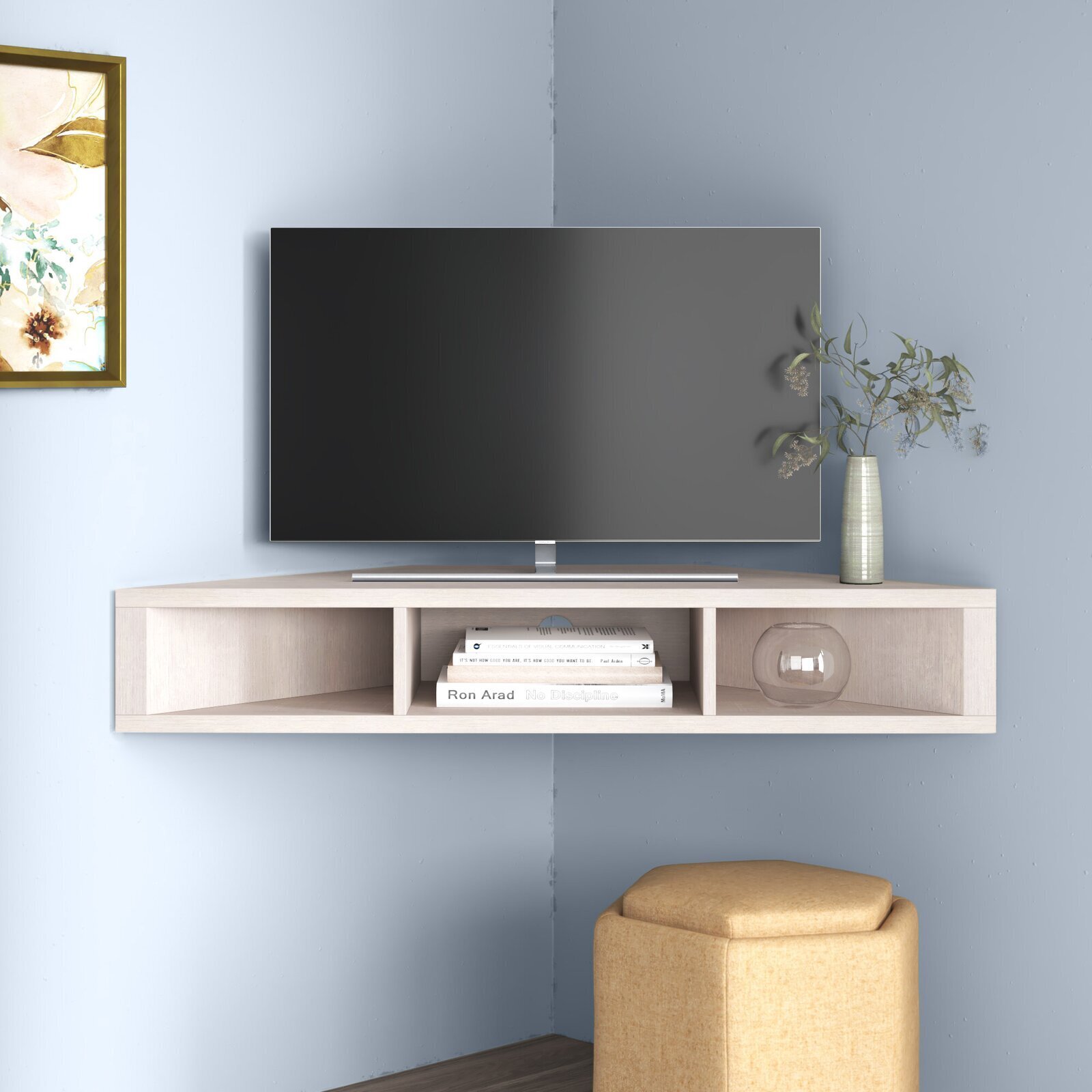 Corner floating TV shelf for wall