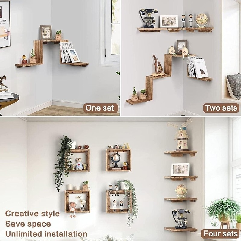 Corner Wall Shelves Rustic Wood Shelf Wall Mounted Corner Floating Shelves Decor For Bedroom Living Room Bathroom Kitchen Office Home