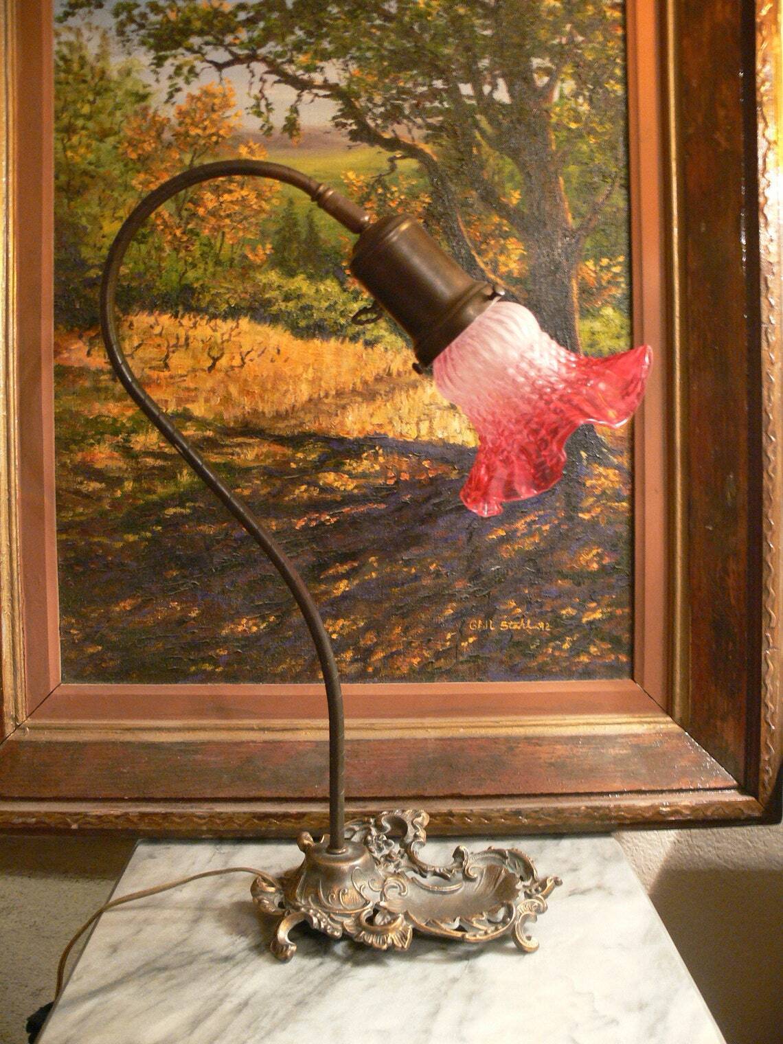 Cranberry Glass Lamp with Goose Neck