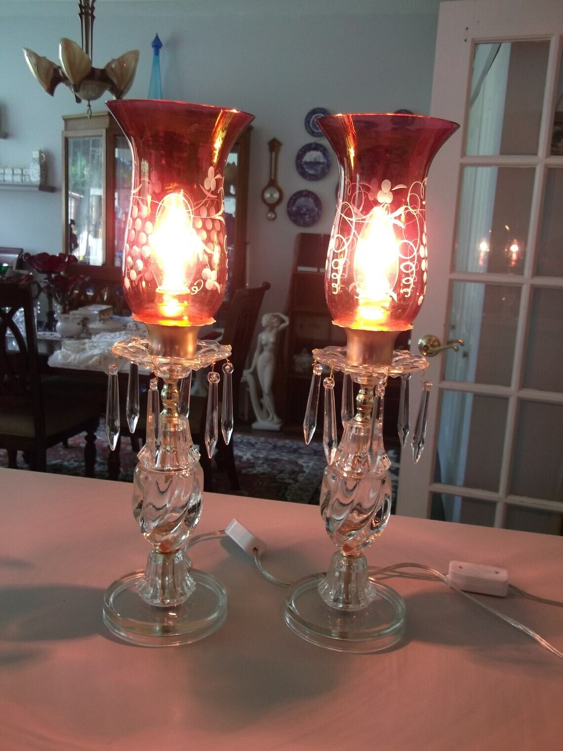 Cranberry Glass Lamps with Crystals