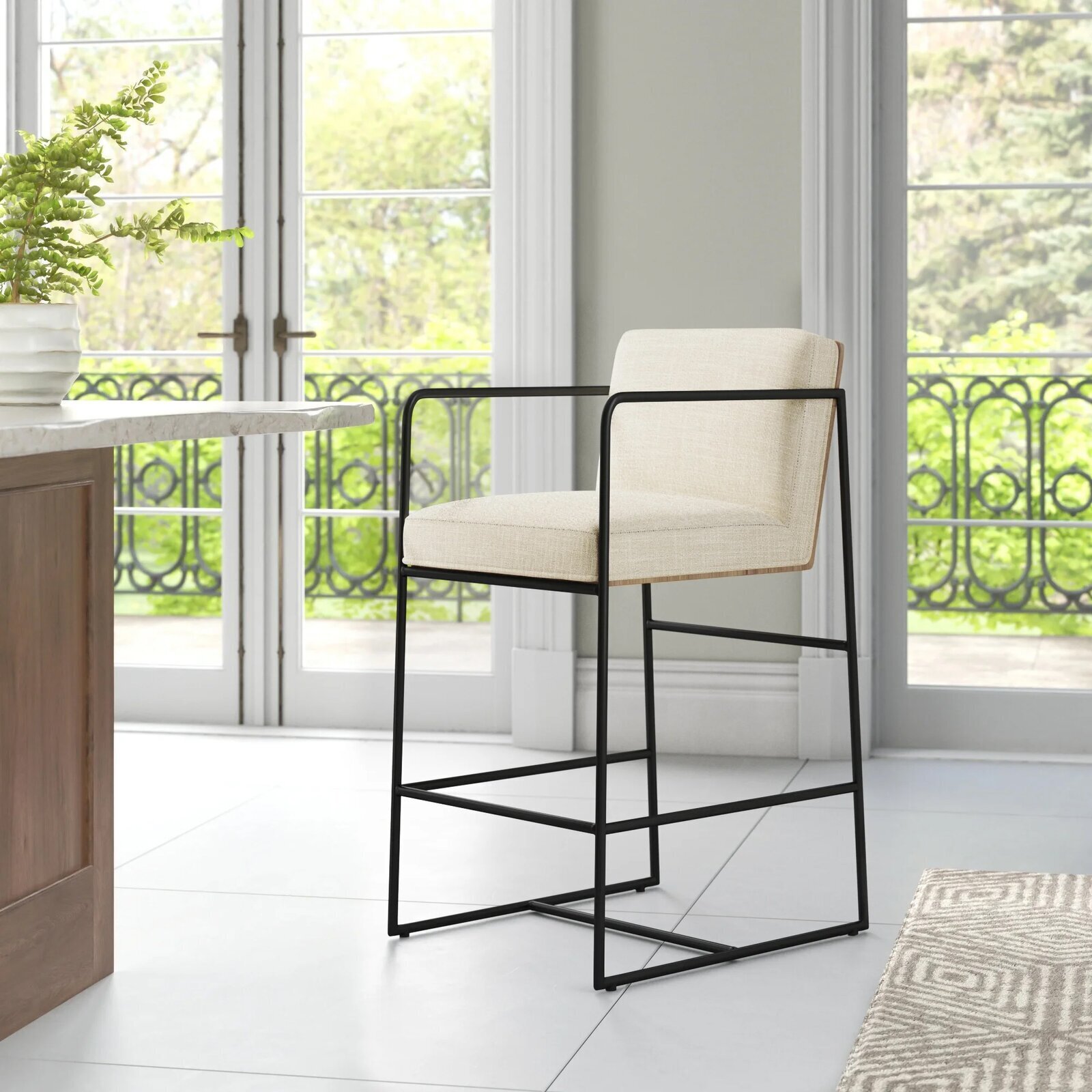 Cream bar chair with metal armrests 