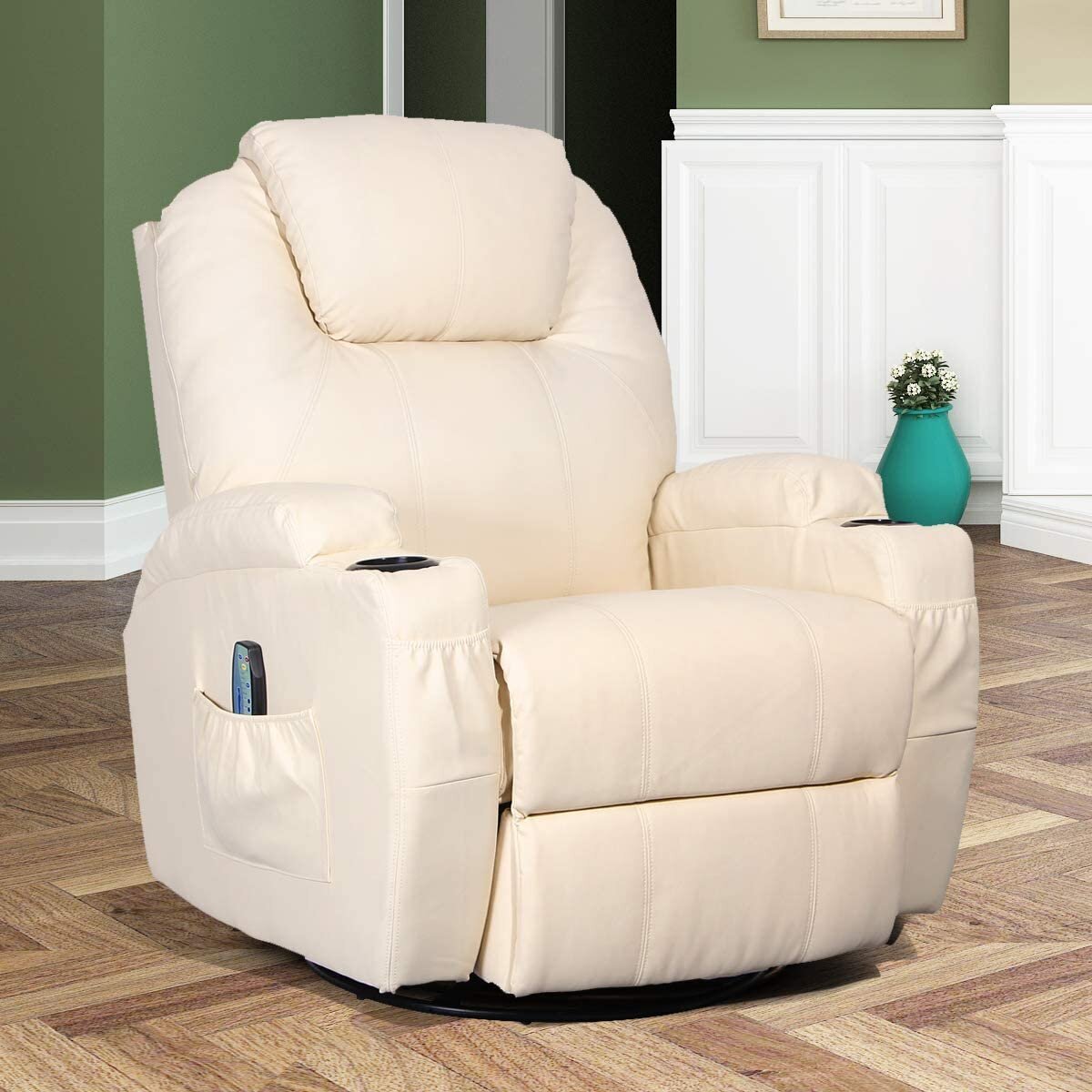 Cream Swivel Power Recliner with Heat and Massage