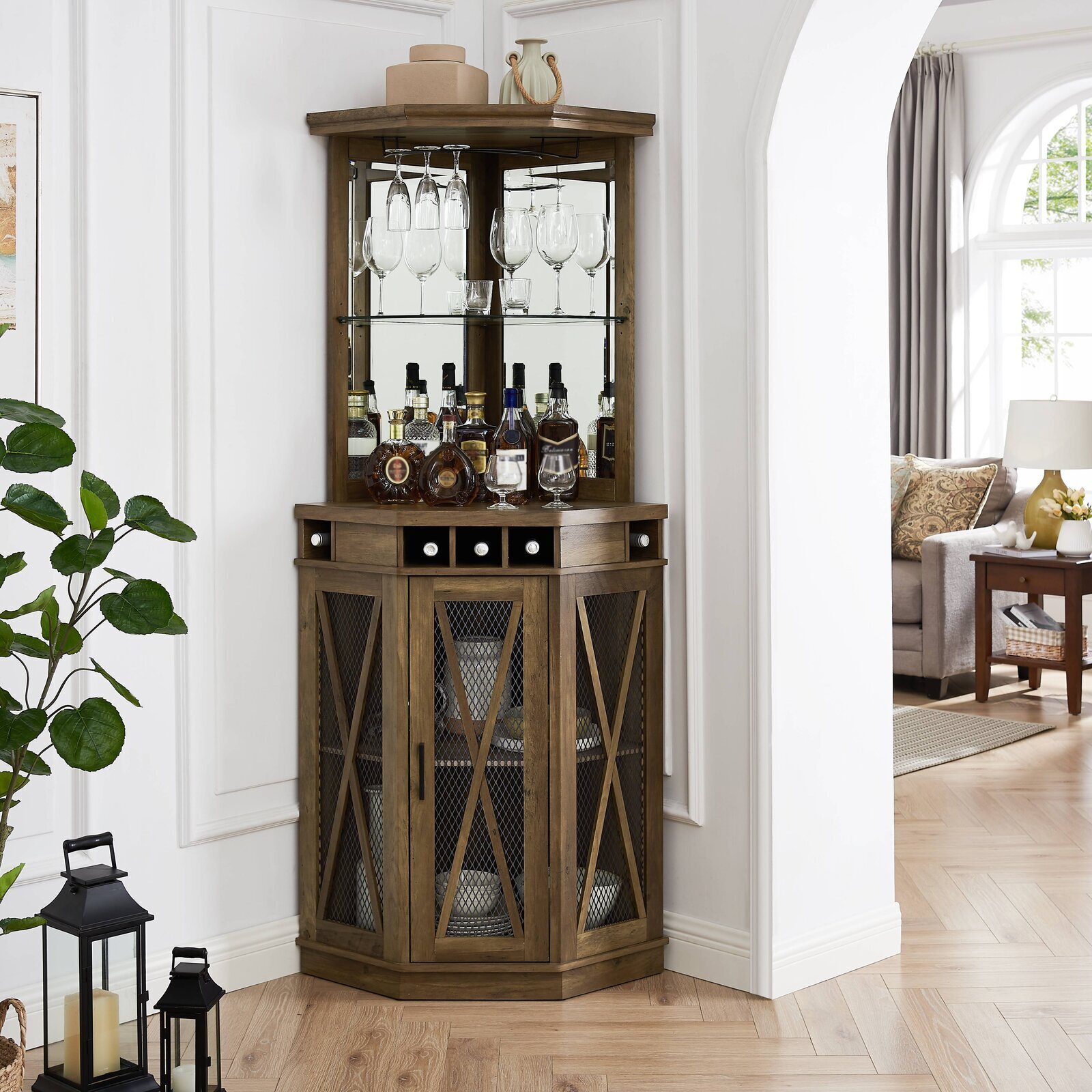 Cross Design Corner Bar Cabinet