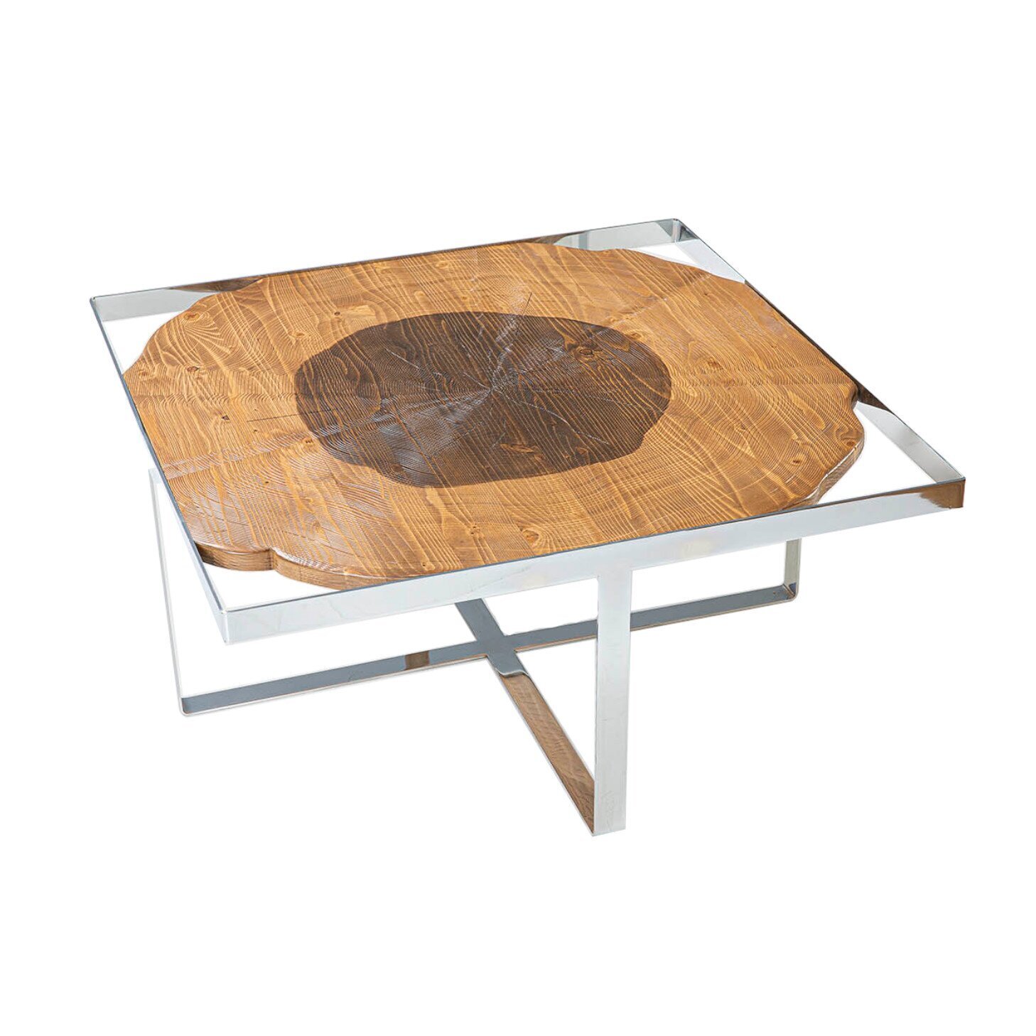 Cross legs chrome and wood coffee table 
