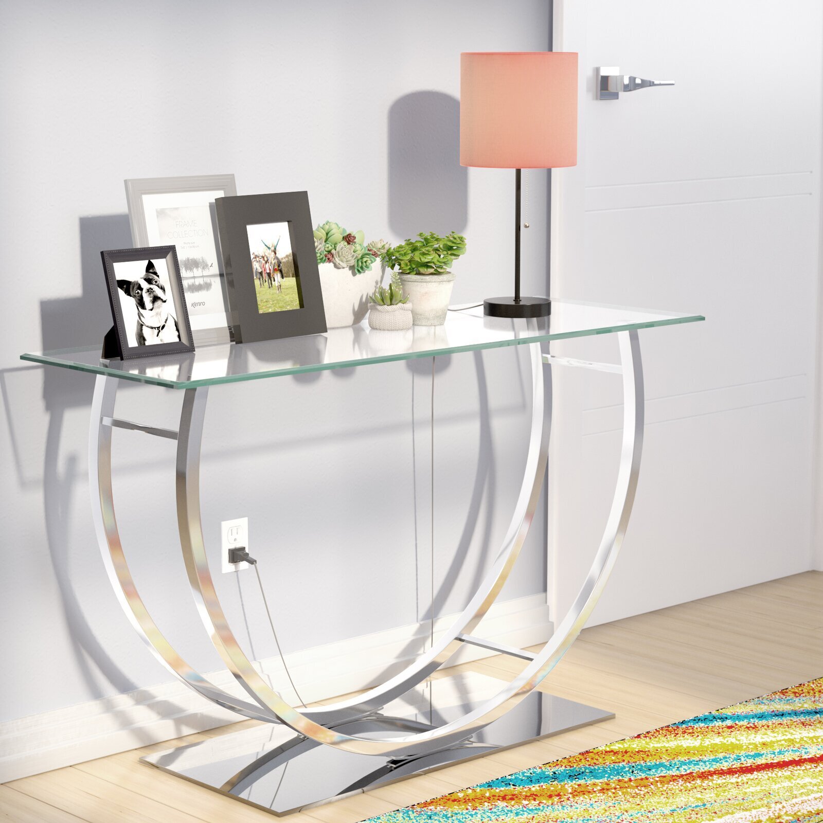 Curved Chrome and Glass Console Table